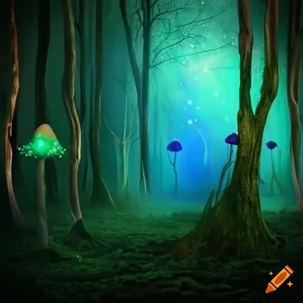 Magical forest with glowing mushrooms and fairies dancing on Craiyon