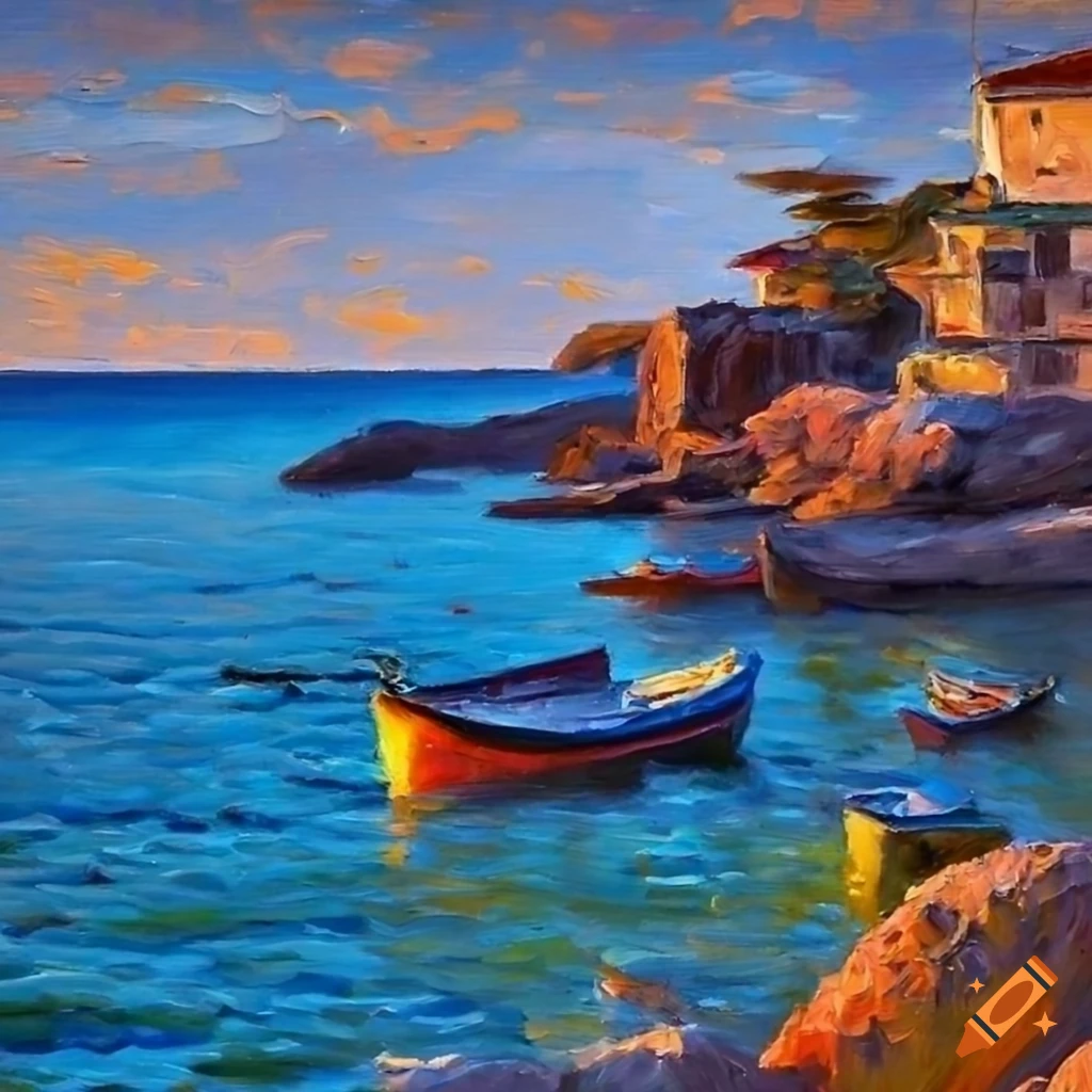 Spain coast, oil painting, large canvas, blue sea, has to be with fishing  boats in front, fisherman house, trees, detailed rocks, impressionism style  on Craiyon