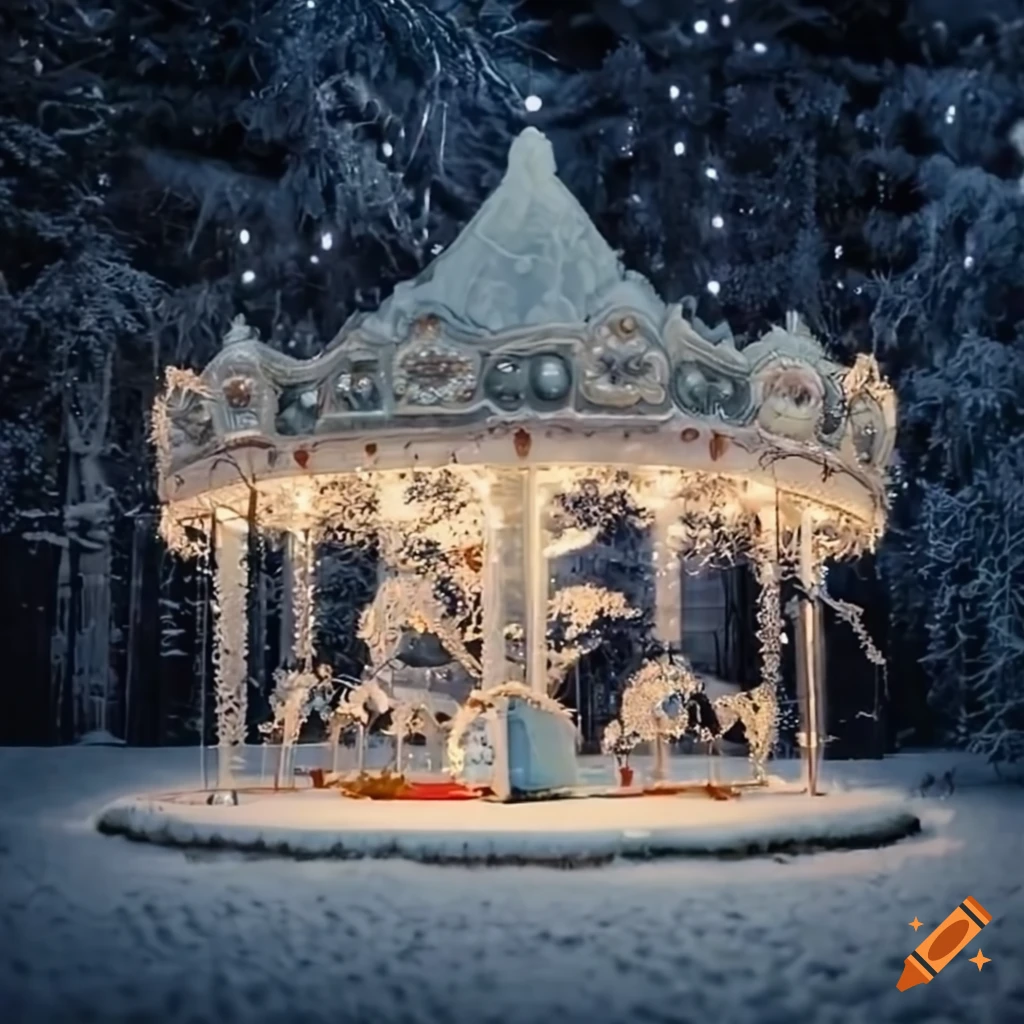 A magical white carousel, winter wonderland, forest, string lights, star night, warm tone