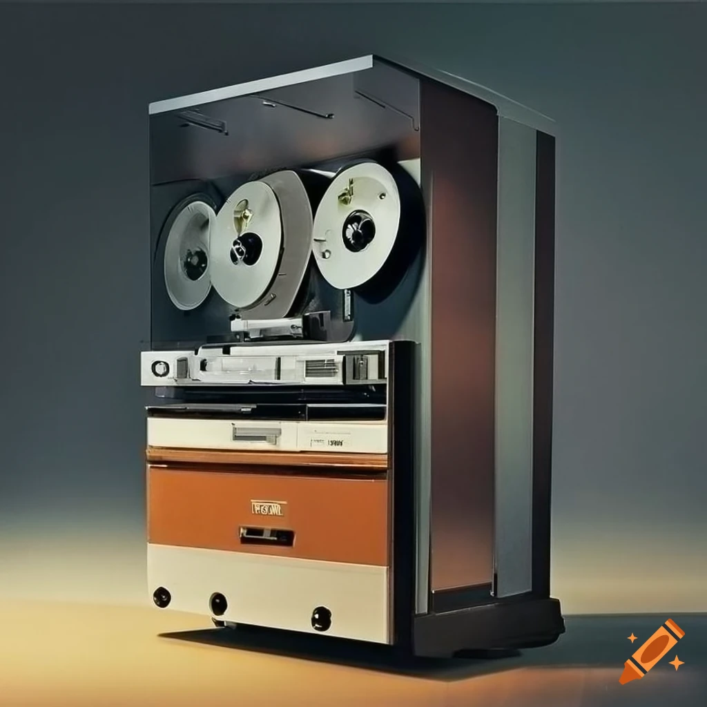 A cabinet for a reel-to-reel tape storage drive, with dual 10.5-inch (27  cm) reels. in a 1960s computer room. in a futuristic setting on Craiyon