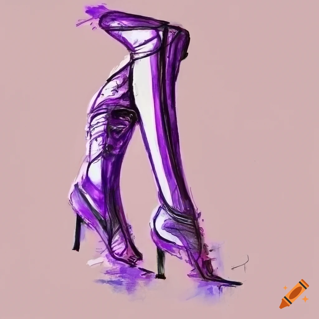 design sketch of green thigh high heeled single boot, with watercolor  splotches in the background. drawn with colored pencil on Craiyon