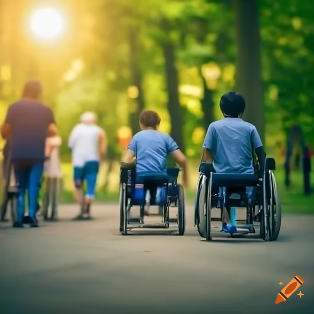 Group of wheelchair users enjoying sunny day in the park on Craiyon