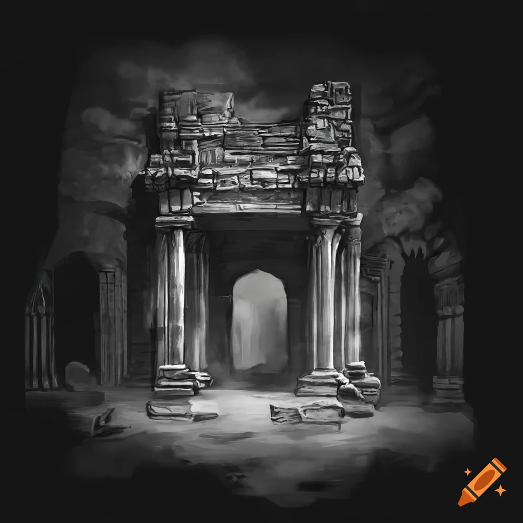 Ruin underground temple with pillars and torches and stone lionman