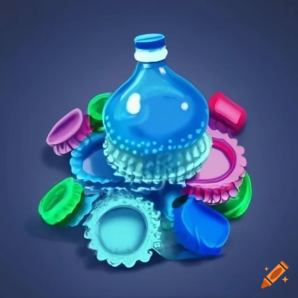 Pile of bottle caps around a water bottle