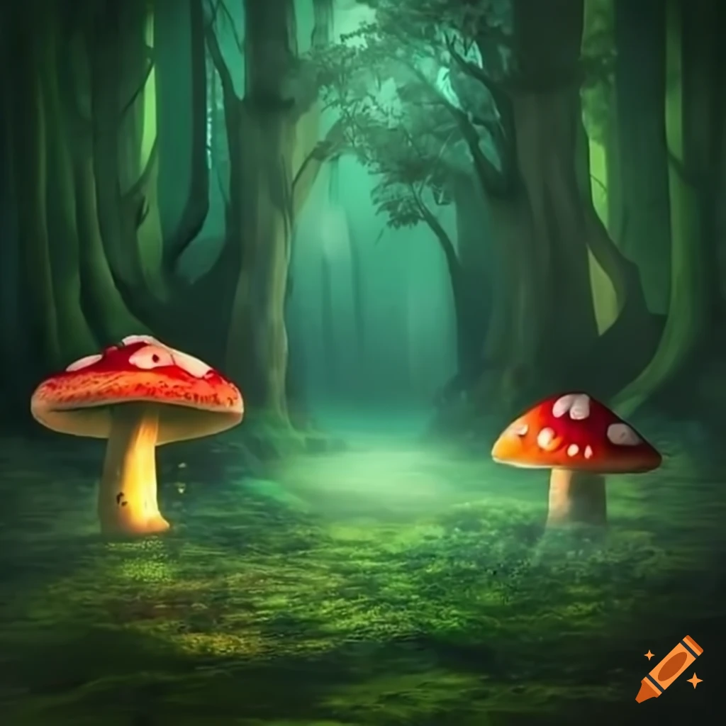 Magical forest with glowing mushrooms and fairies dancing