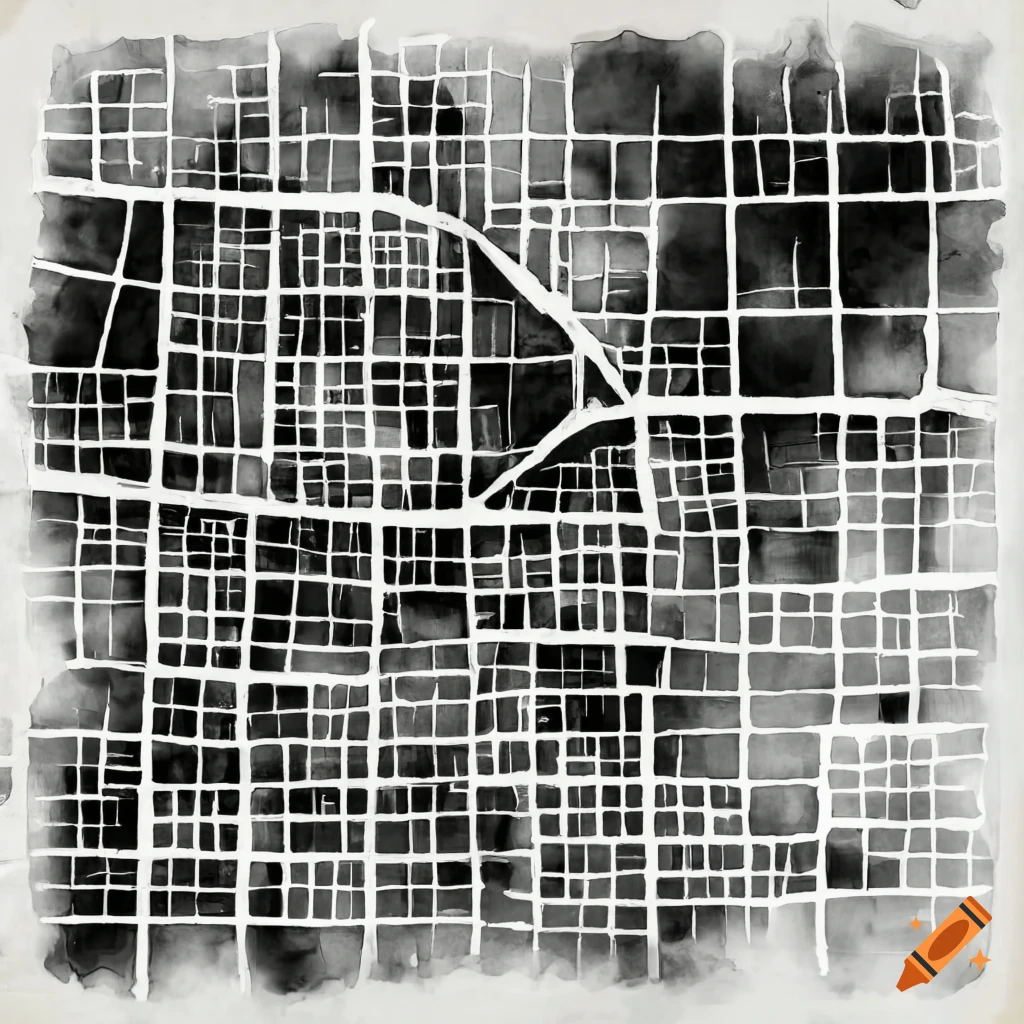 Black and white street map of an urban area on Craiyon