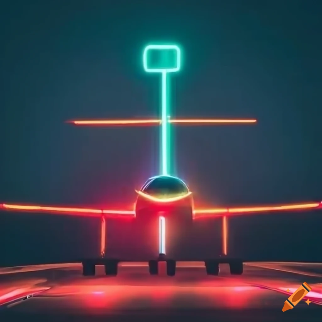A plane with vibrant neon lights landing on runway