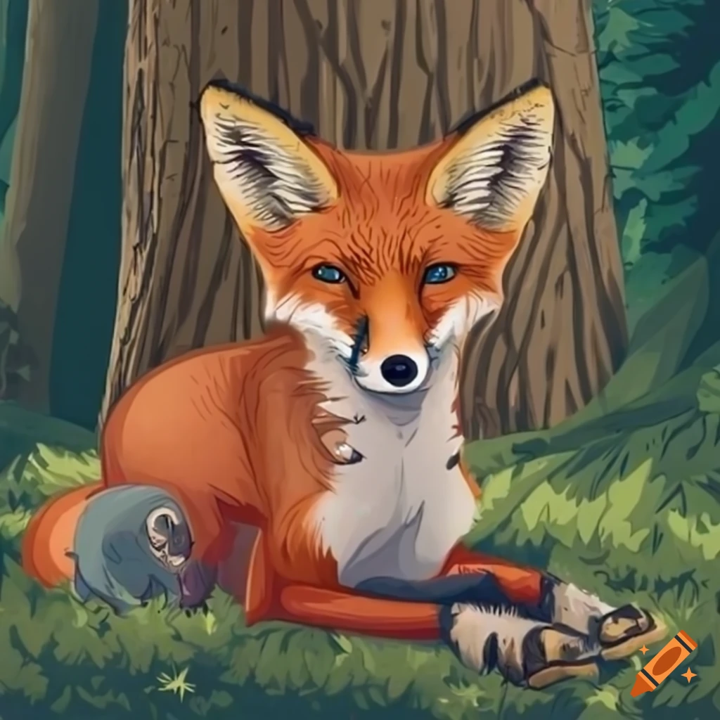 The Yearning Fox Lies In Wait The fox lies with the boy under a tree in the forest on Craiyon