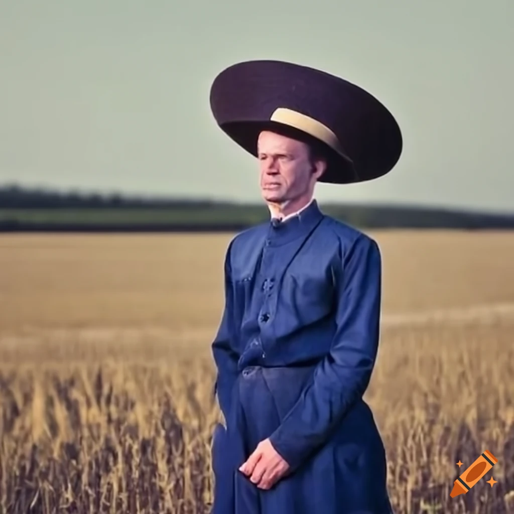 an Amish man with large hat stands in a field