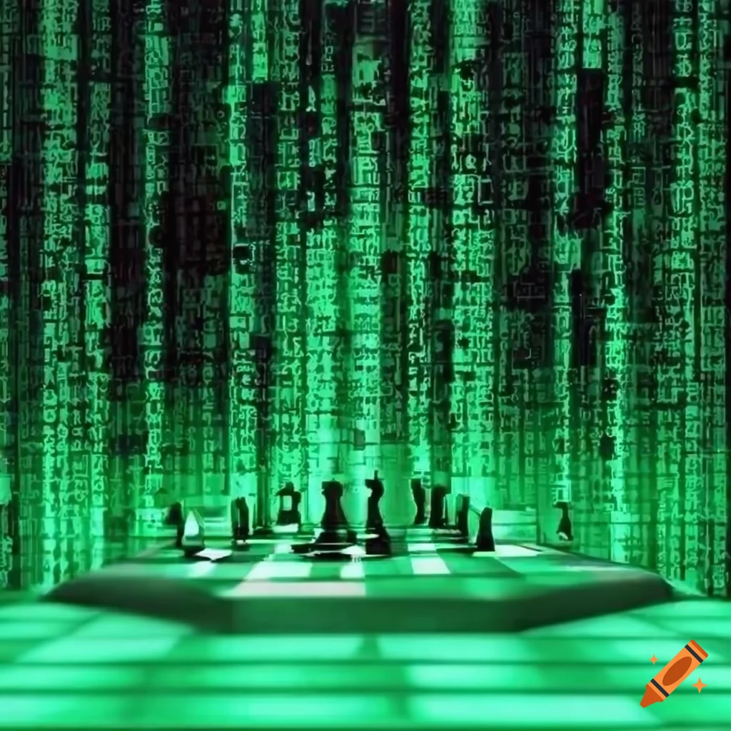 An image of a chess board with the green Matrix code falling behind it ...
