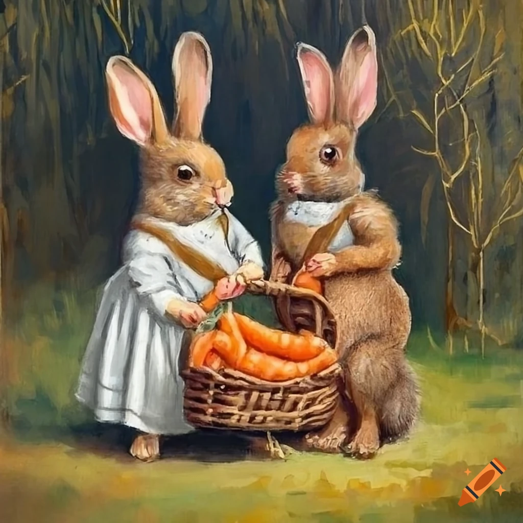 Classic painting of 2 brown rabbits with white spots wearing overalls ...