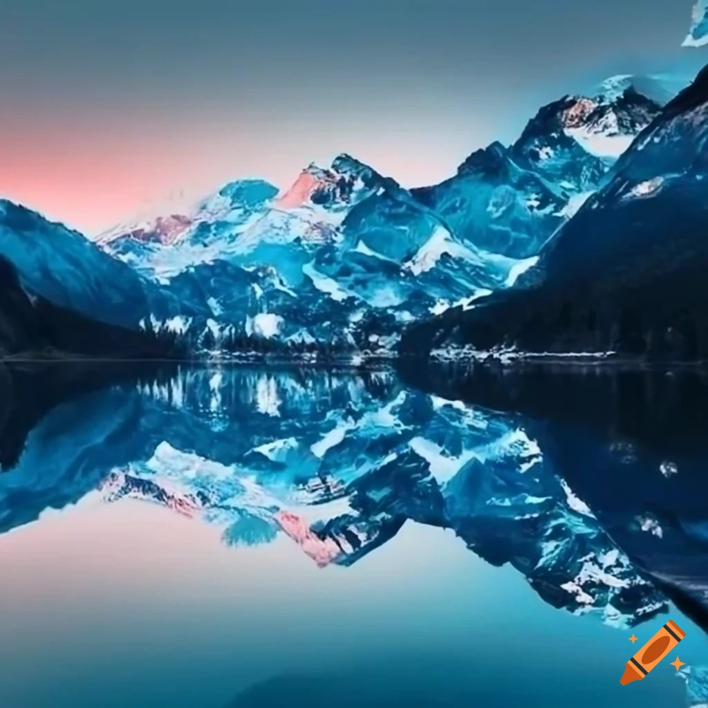 Mountain, snow hills, mountain lake, mirror image on Craiyon