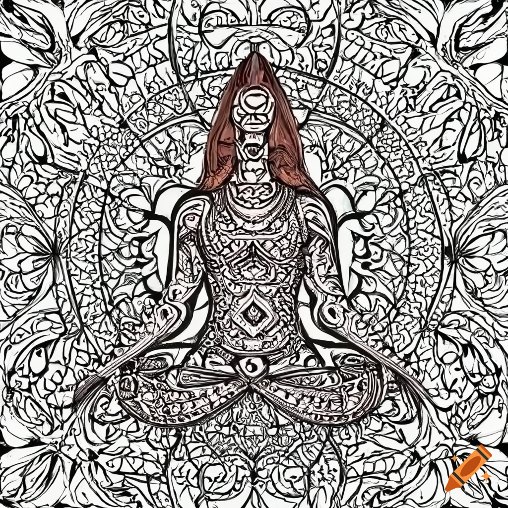 Colouring page for adults, mandala, yoga image, warrior 1, white