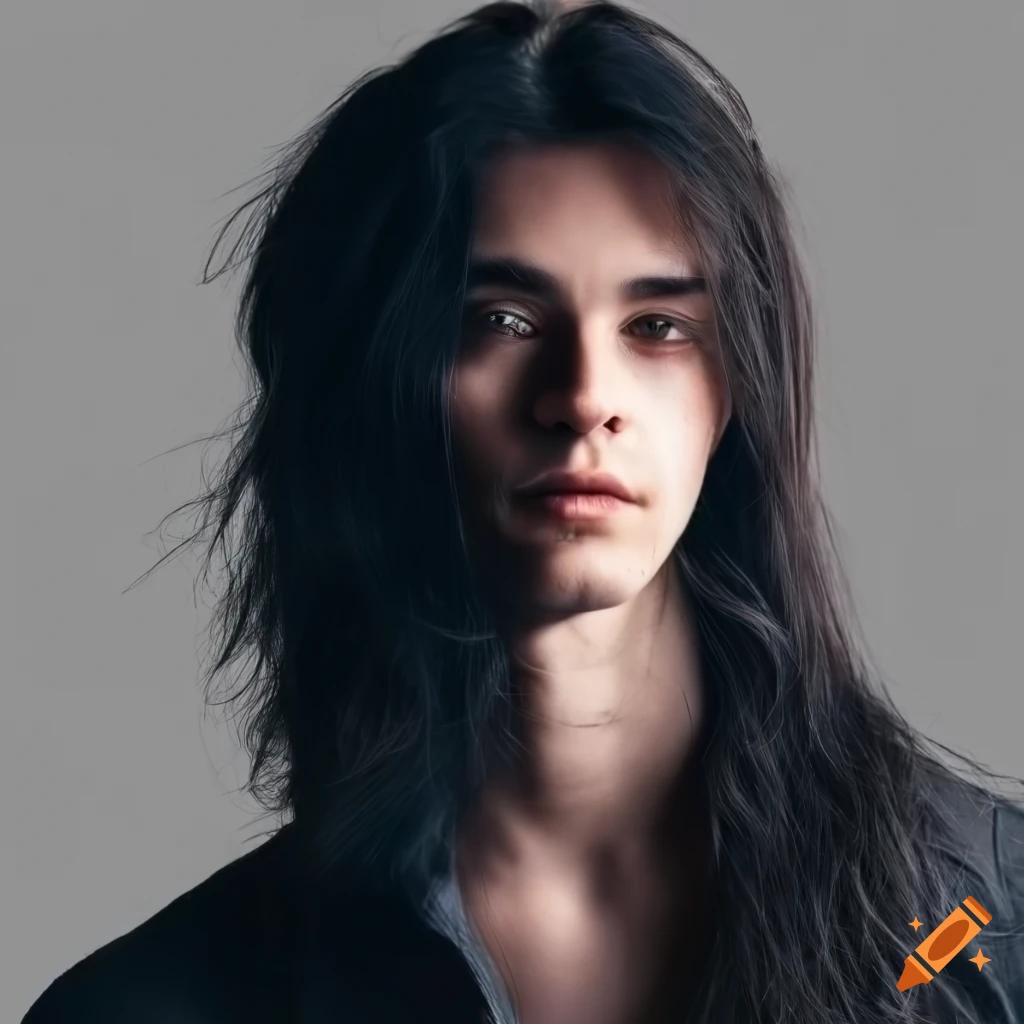 Portrait of a young man with a charming smile, black long hair on Craiyon