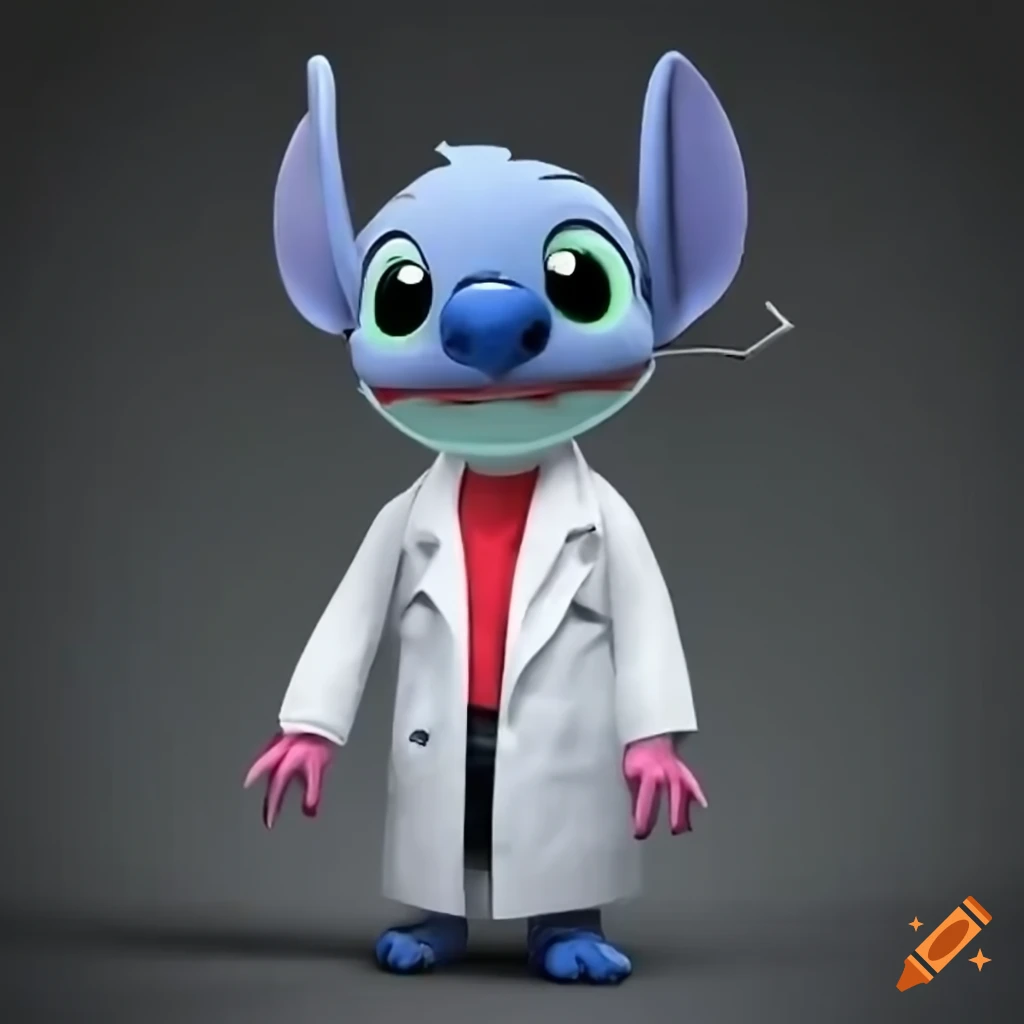Cartoon cracter named stitch at work in a lab, wearing a white coat on  Craiyon
