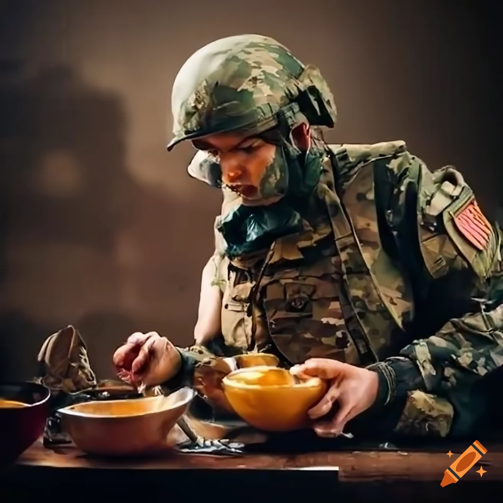 An army commander helping in a soup kitchen