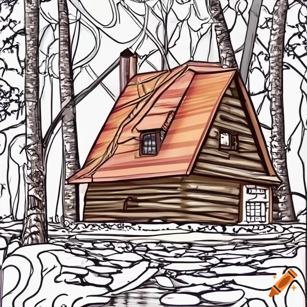 Cabin in woods in coloring book style