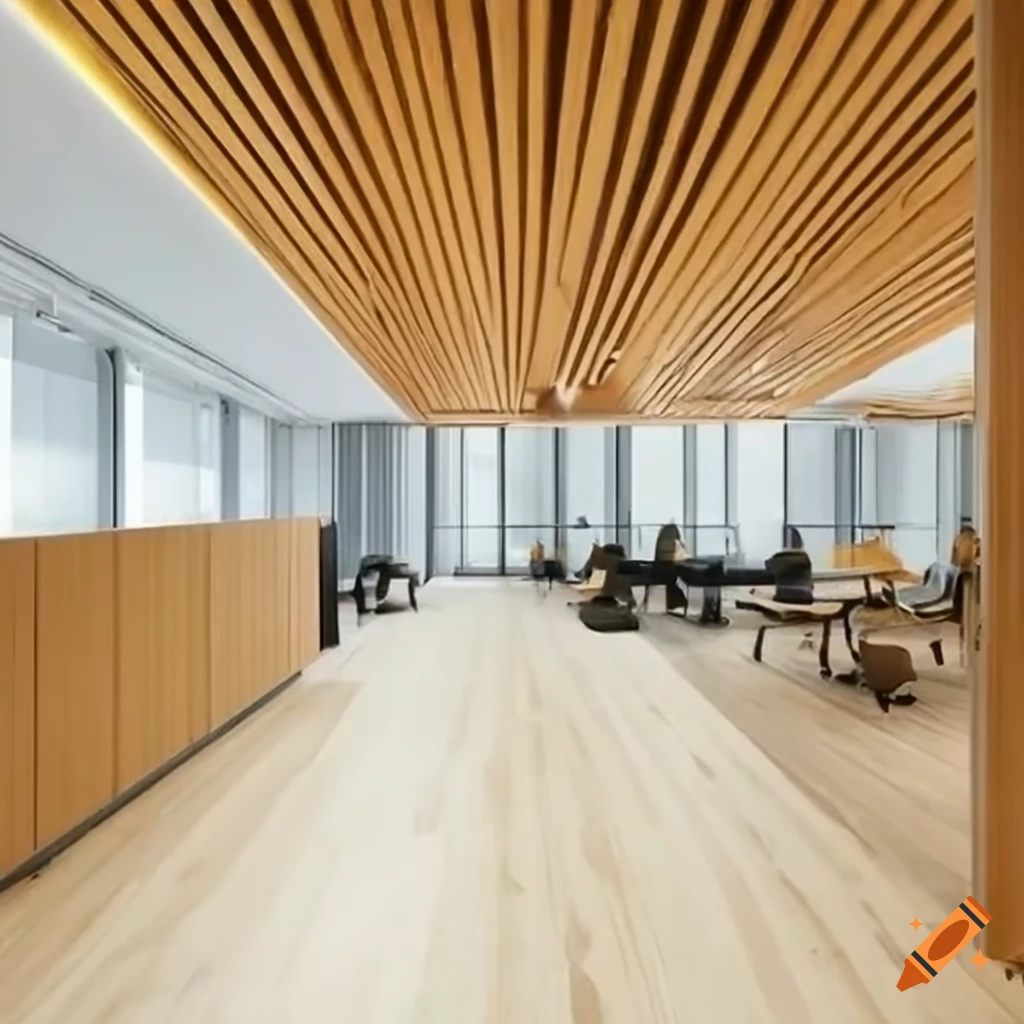 Office open space ceiling plasterboard and wooden wall and partition ...