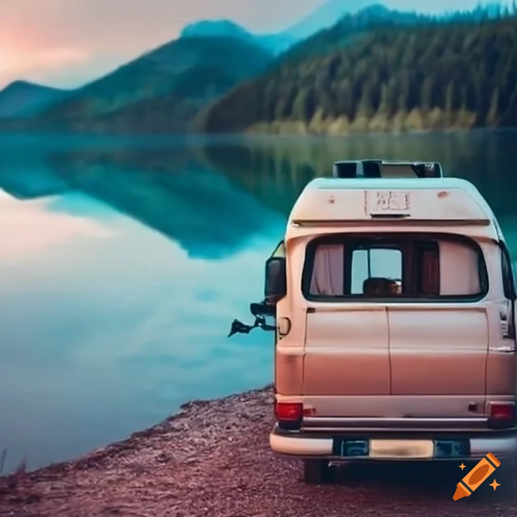 Camper van parked by a serene lake with a sign that says just married
