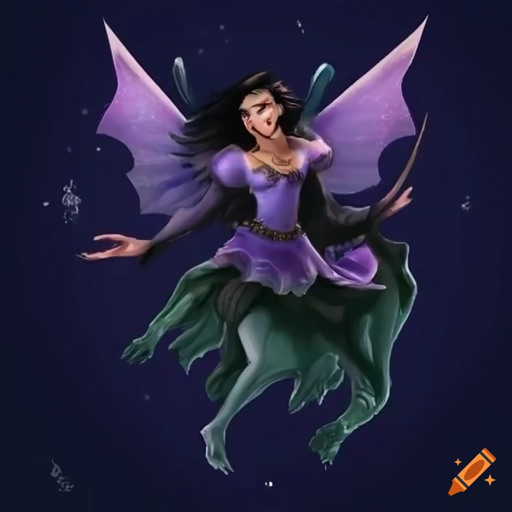 A fairy bard. she is small and floating. she has black bat wings. she ...