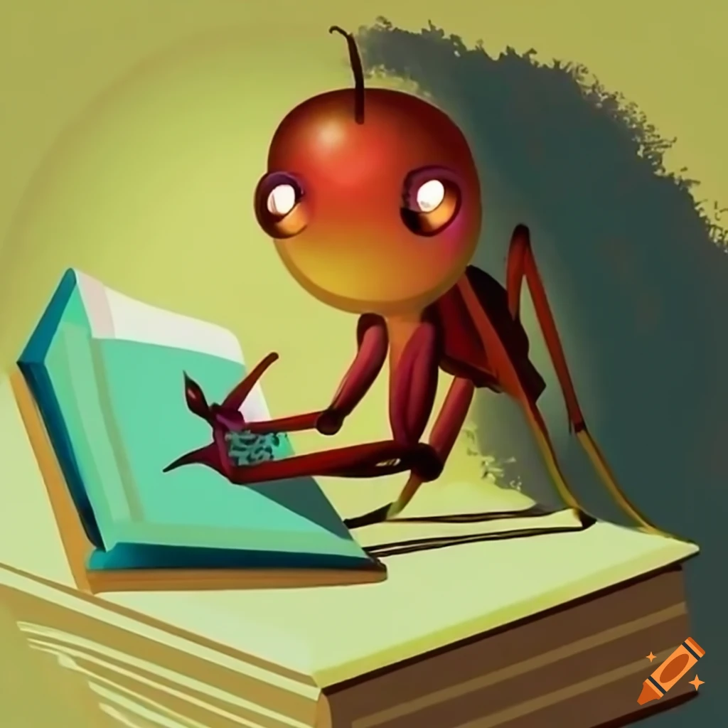 A cricket reading a book in a library