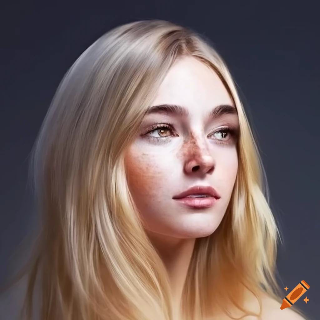 Beautiful young woman shoulderlength blonde hair very light freckles