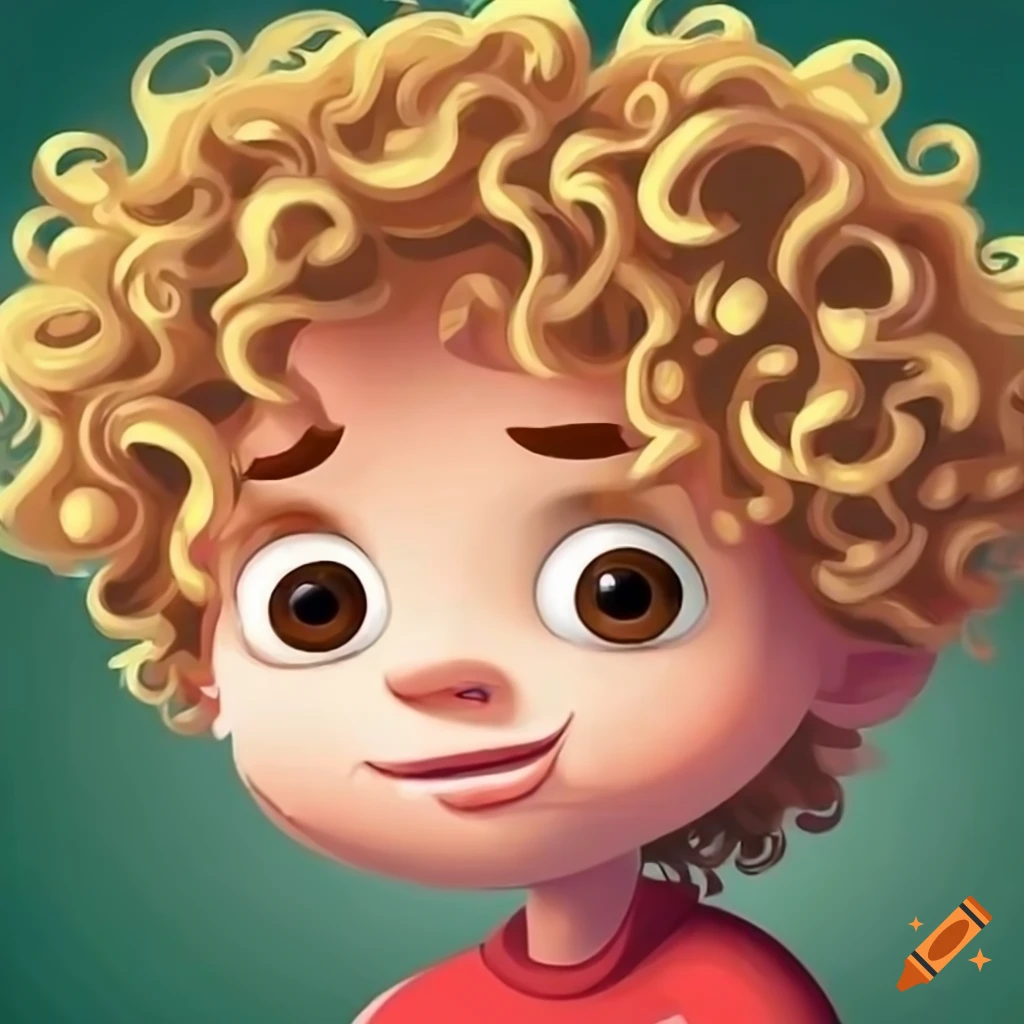 Boy curly blonde hair brown eyes with red shirt animated in cartoon on ...