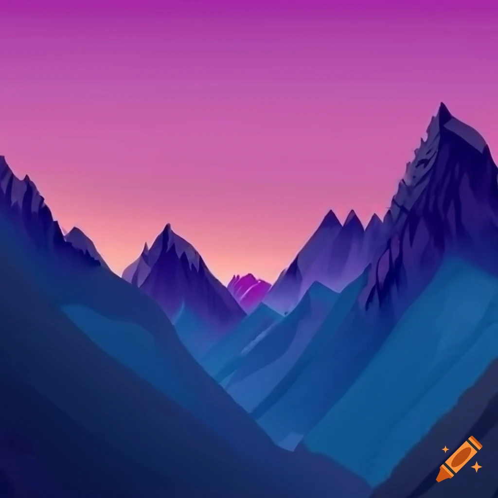A mountain valley view, colored with purples