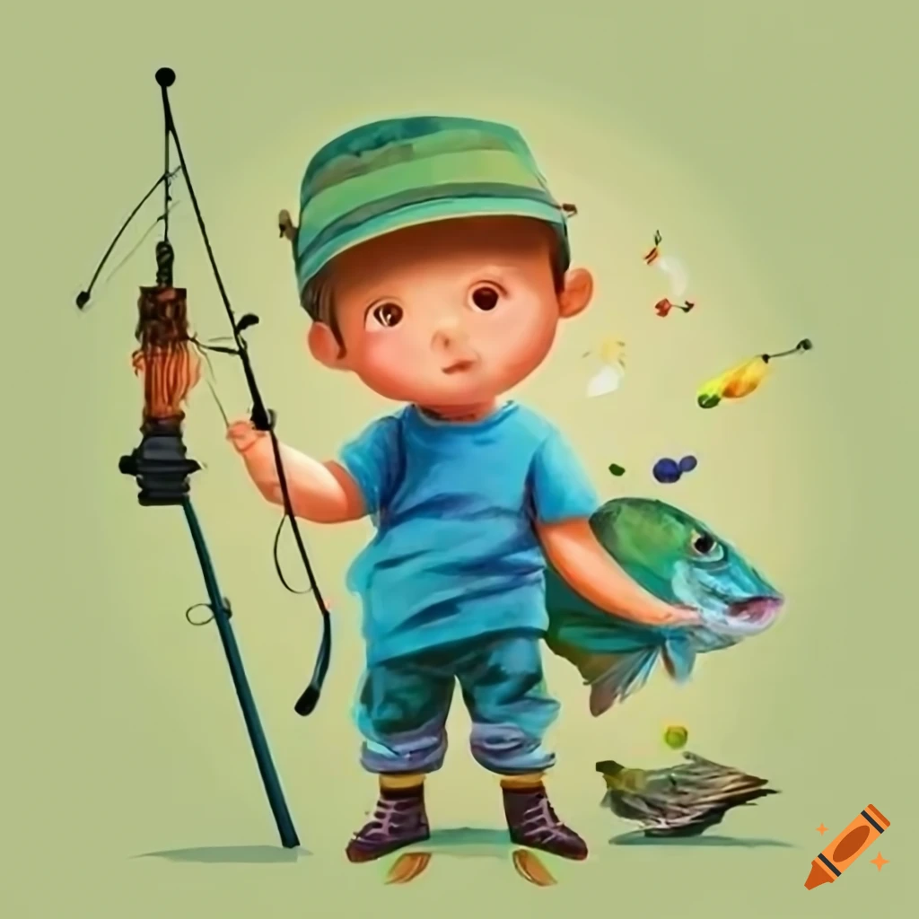 Fishing boy in cap with fishing rod big fish on Craiyon