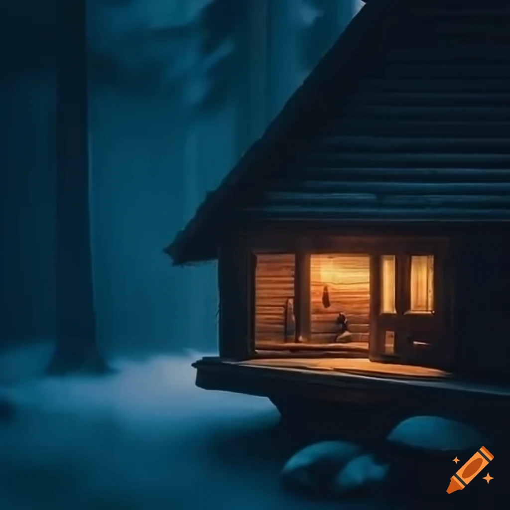 A cozy wooden cabin room with a stunning rainy mountain view on Craiyon