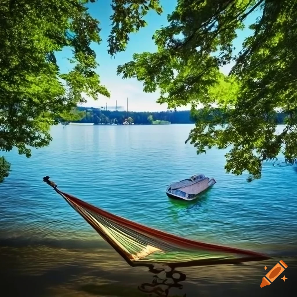 A hammock between two trees, lake zürich in the background, the weather