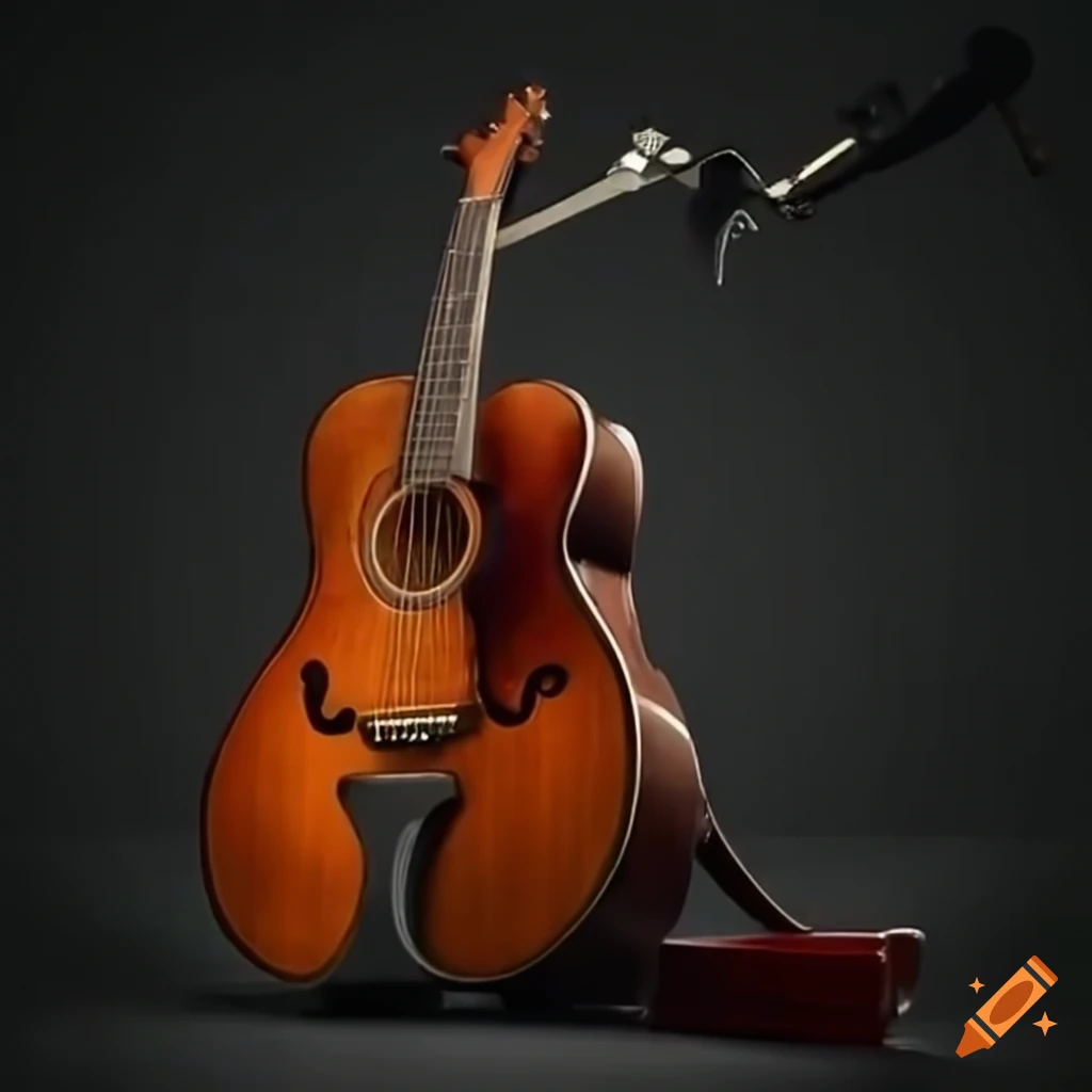 An acoustic guitar played with a violin bow, drumsticks, microphone