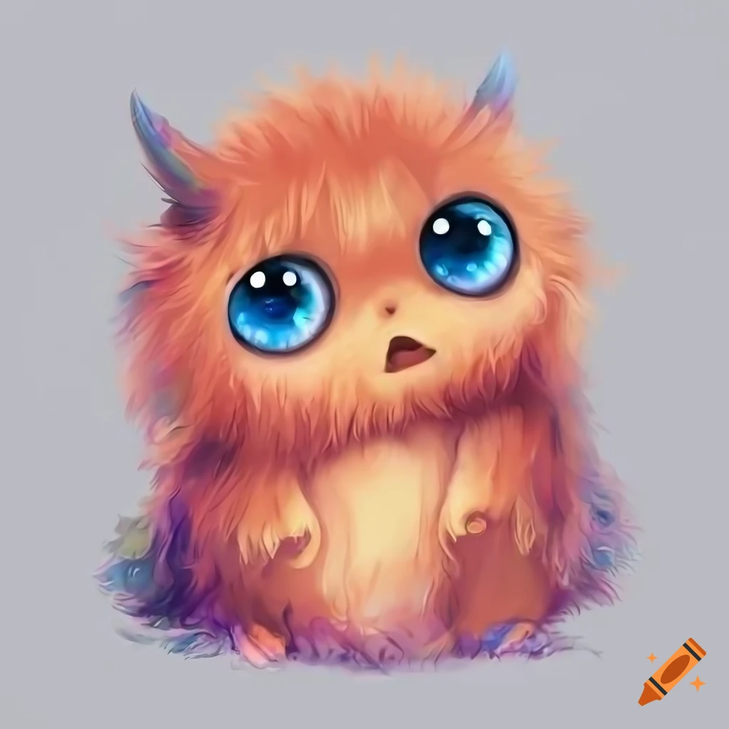Cute fantasy fluffy baby monster, kawaii eyes, digital art, bright ...
