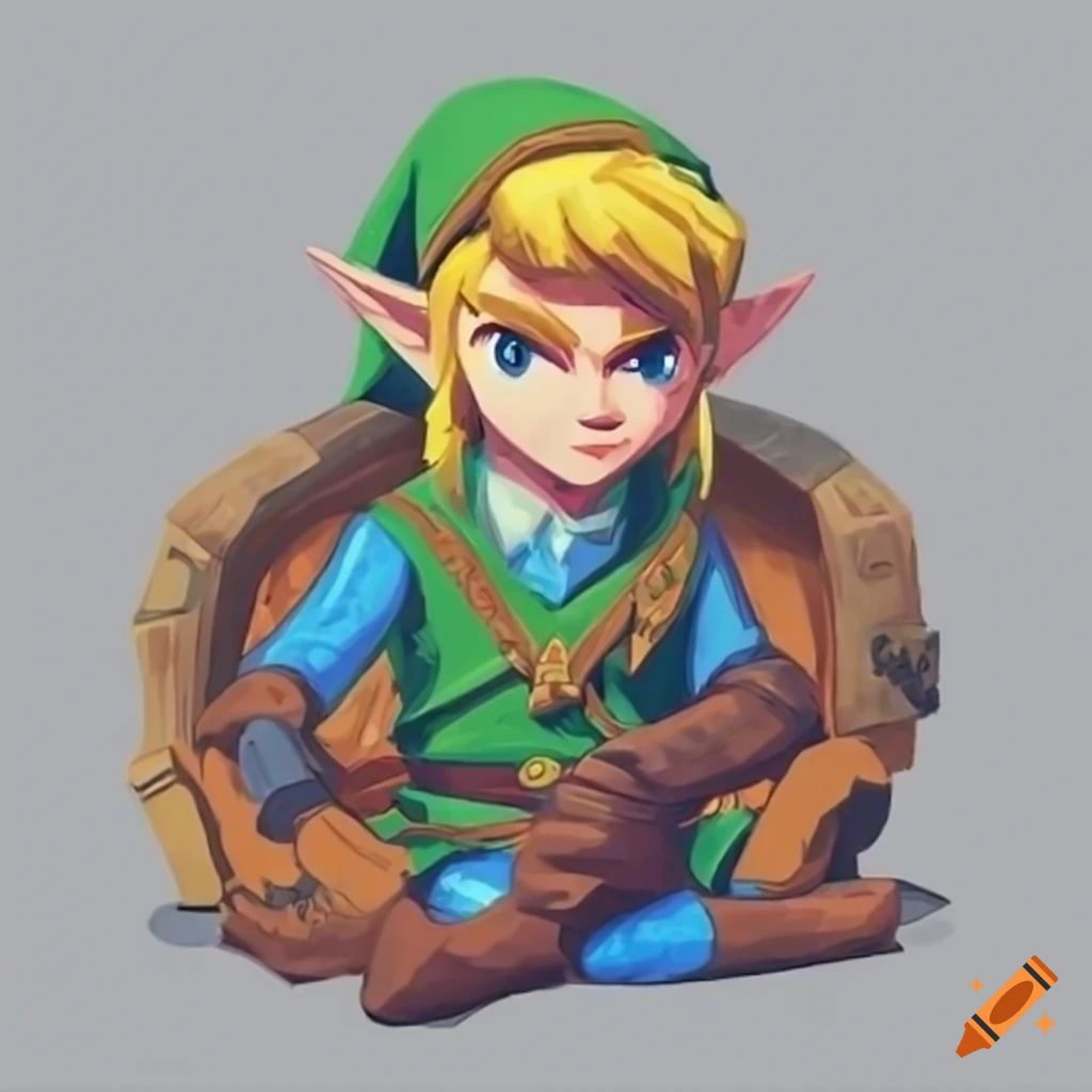 Link from the legend of zelda sitting down on a white background