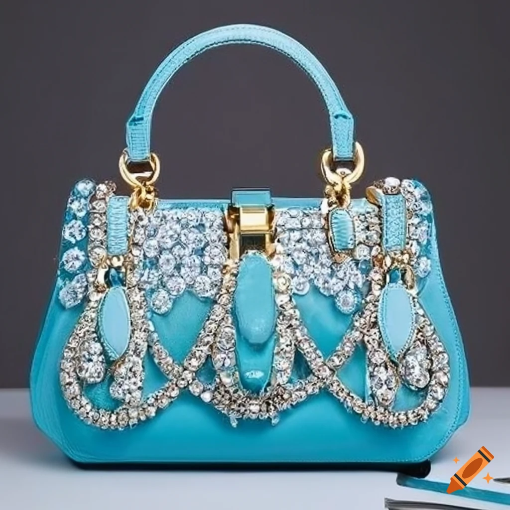 Beautiful handbag embellished with multicolor squared crystals, purple,  lilac, skyblue, detailed on Craiyon