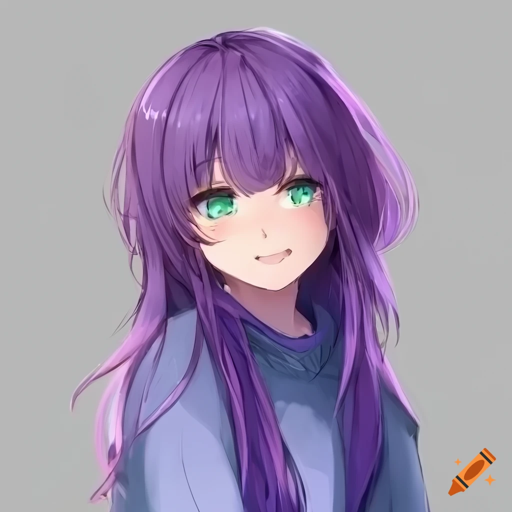 Anime girl, facing left, purple hair, green eyes, looking at