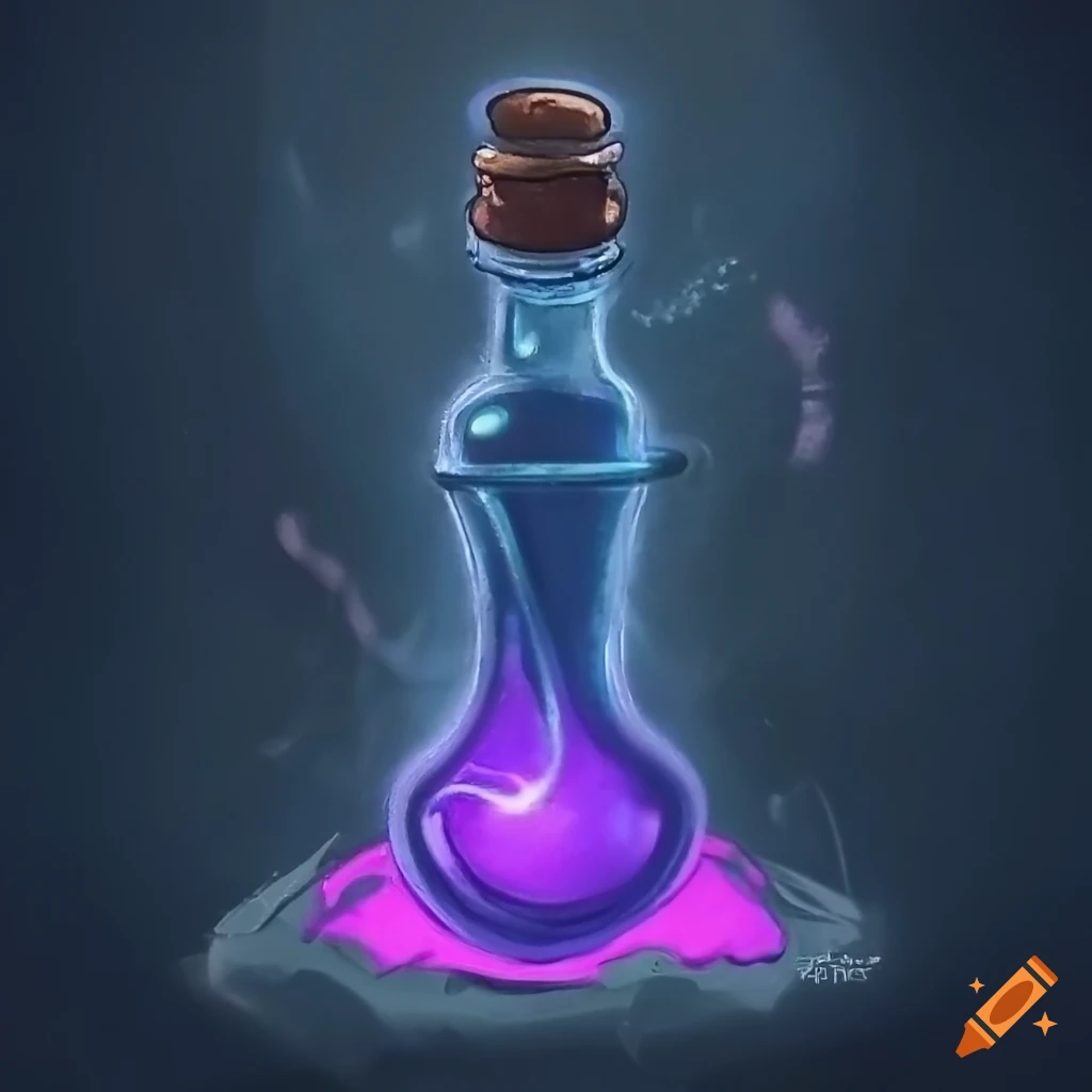 A small strength potion with a powerful aura coming off of it and a small arm flexing logo on the front on a shop shelf, fantasy