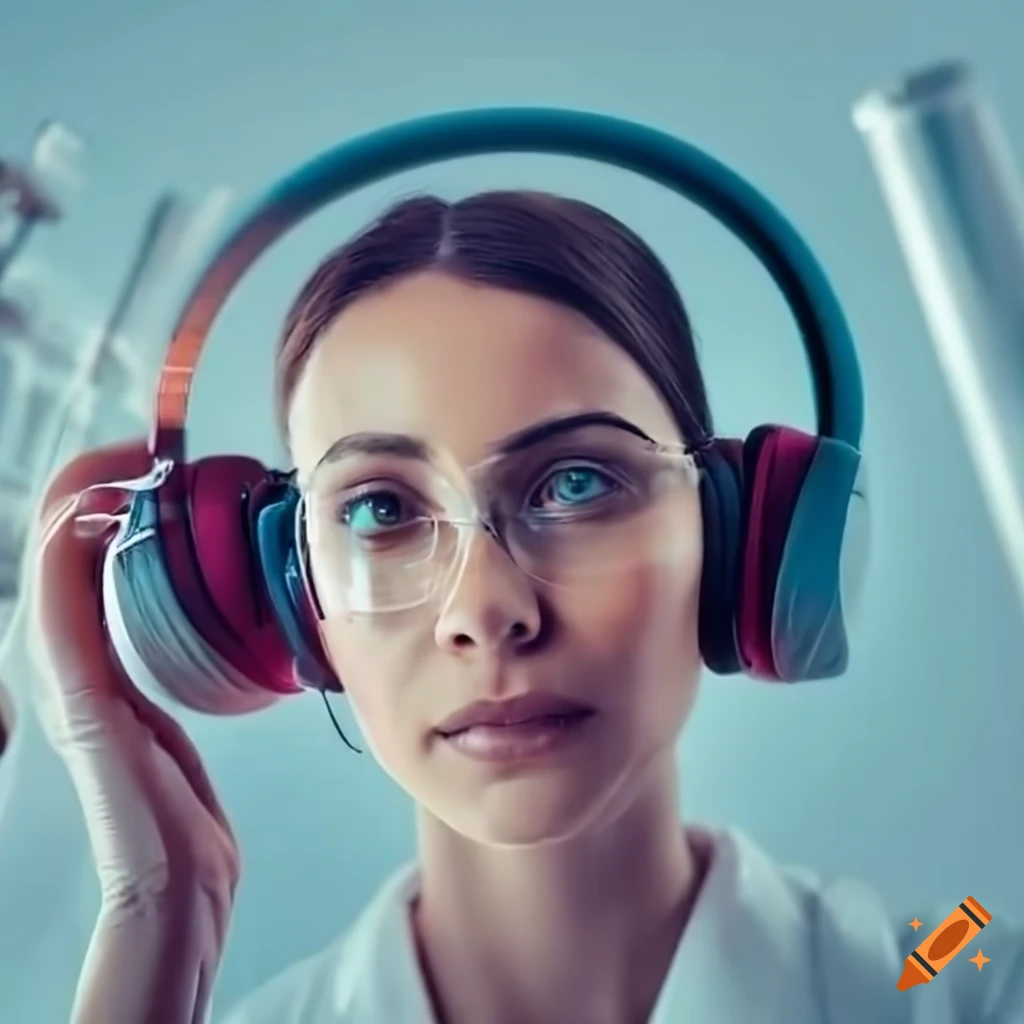 Scientist in lab with headphones listening to music surrounded with