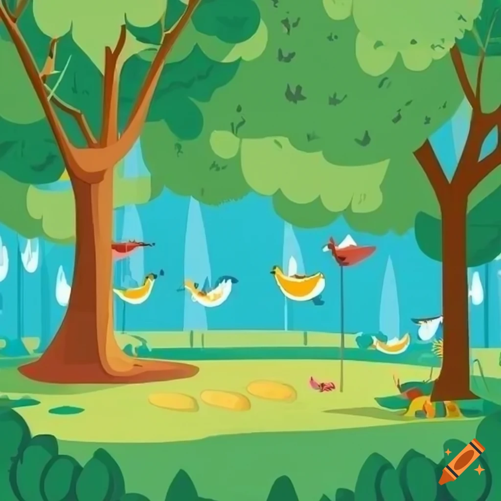 A park with trees twelve birds sing on the branches, flat colors, children’s illustration style, cartoon, naïve style
