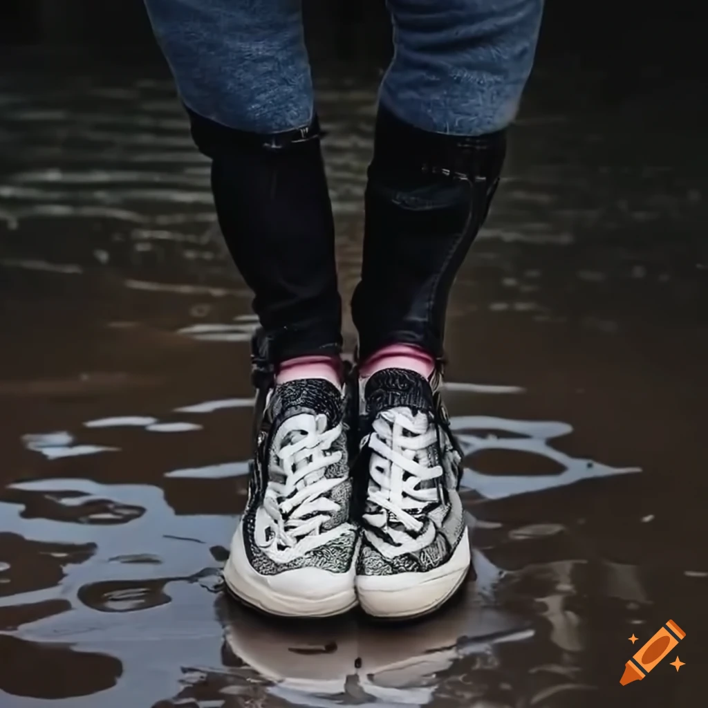 Sneakers stepping on puddle in a rainy city on Craiyon