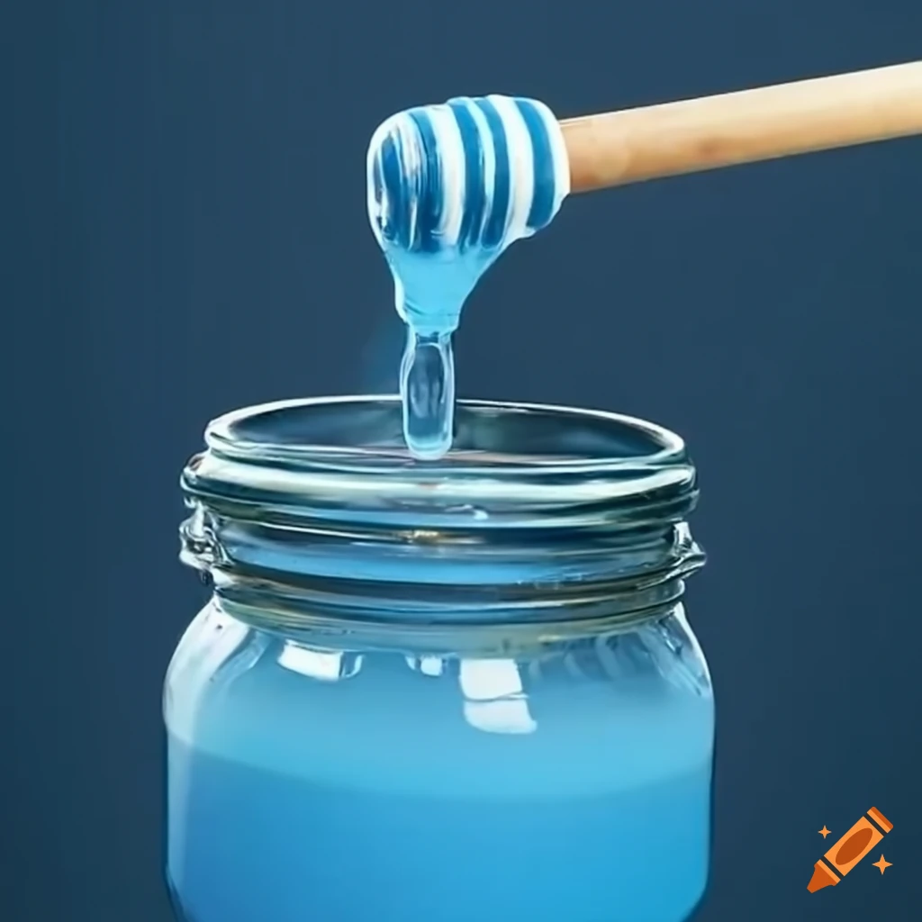 Light blue honey remedy falling into a transparent container