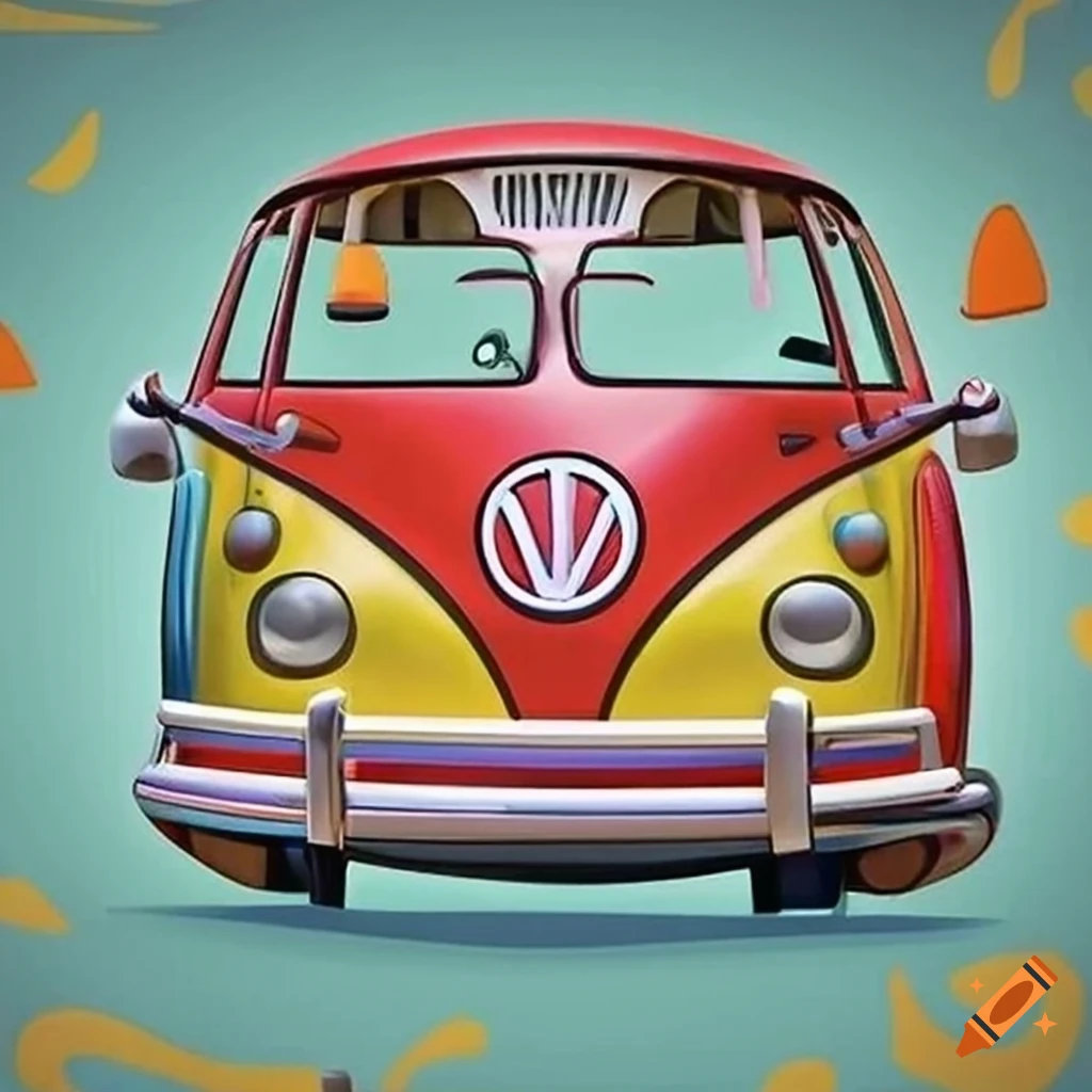 Playful colors: the cartoon vw beach buses can be depicted in vivid and  playful colors, such as sunshine yellow, ocean blue, or vibrant red. these  colors can add a lively and cheerful