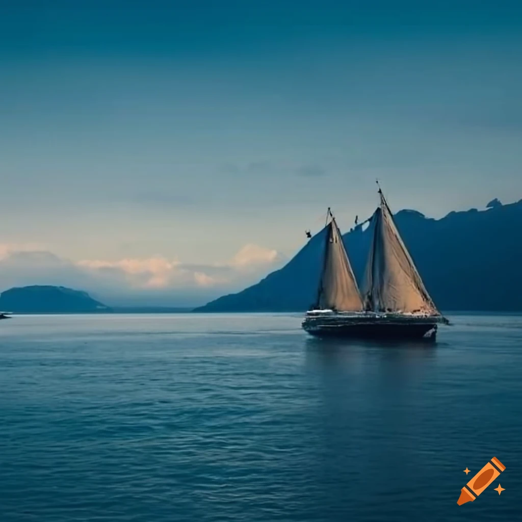 Two small sailing ships sailing between two islands with mountains