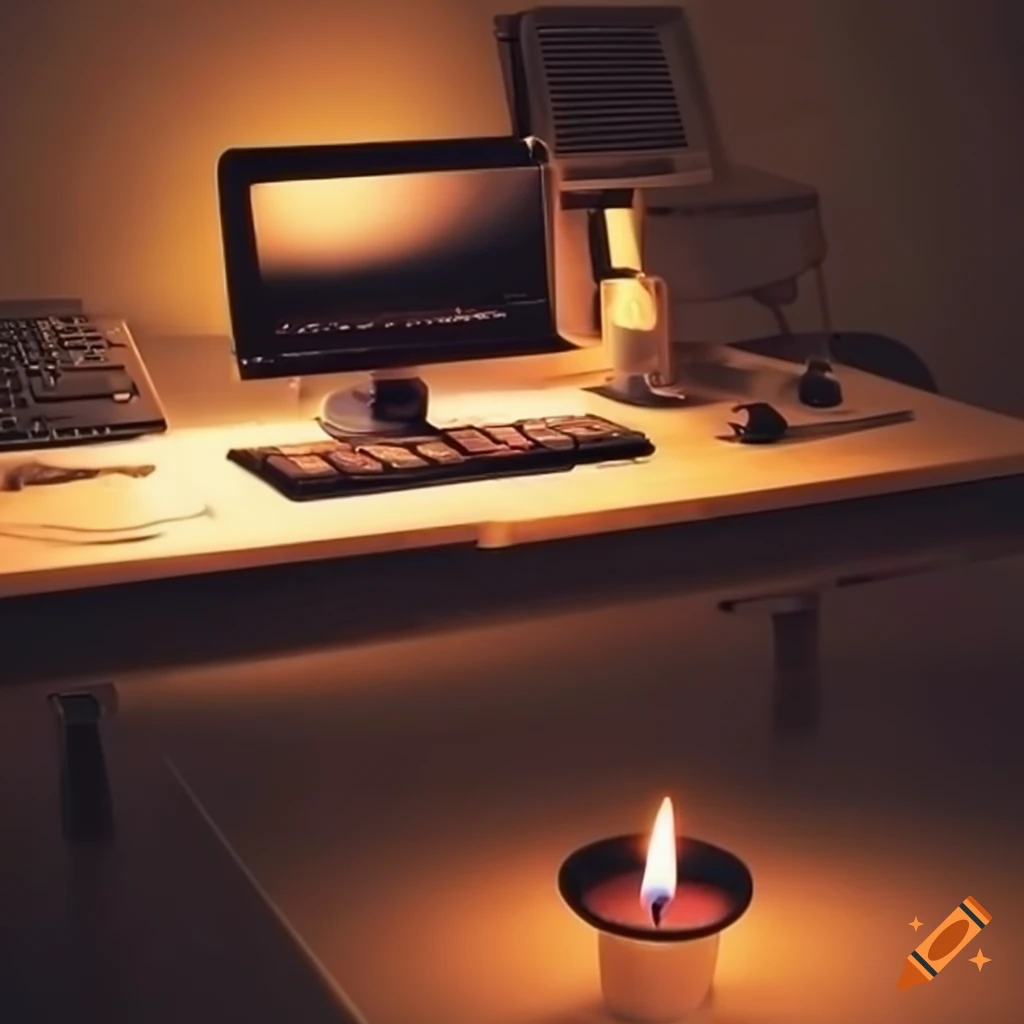 Computer, desk, candle