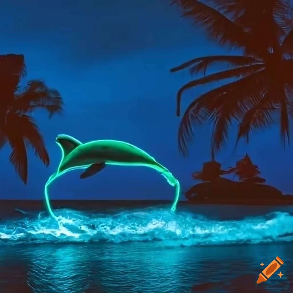 Neon beach with neon palm trees and neon dolphins jumping in the waves