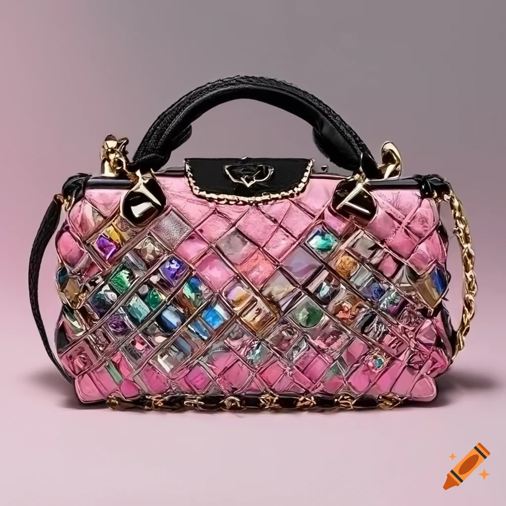 Beautiful leather handbag valentino style with multicolor squared crystals,  pink, black, skyblue, detailed