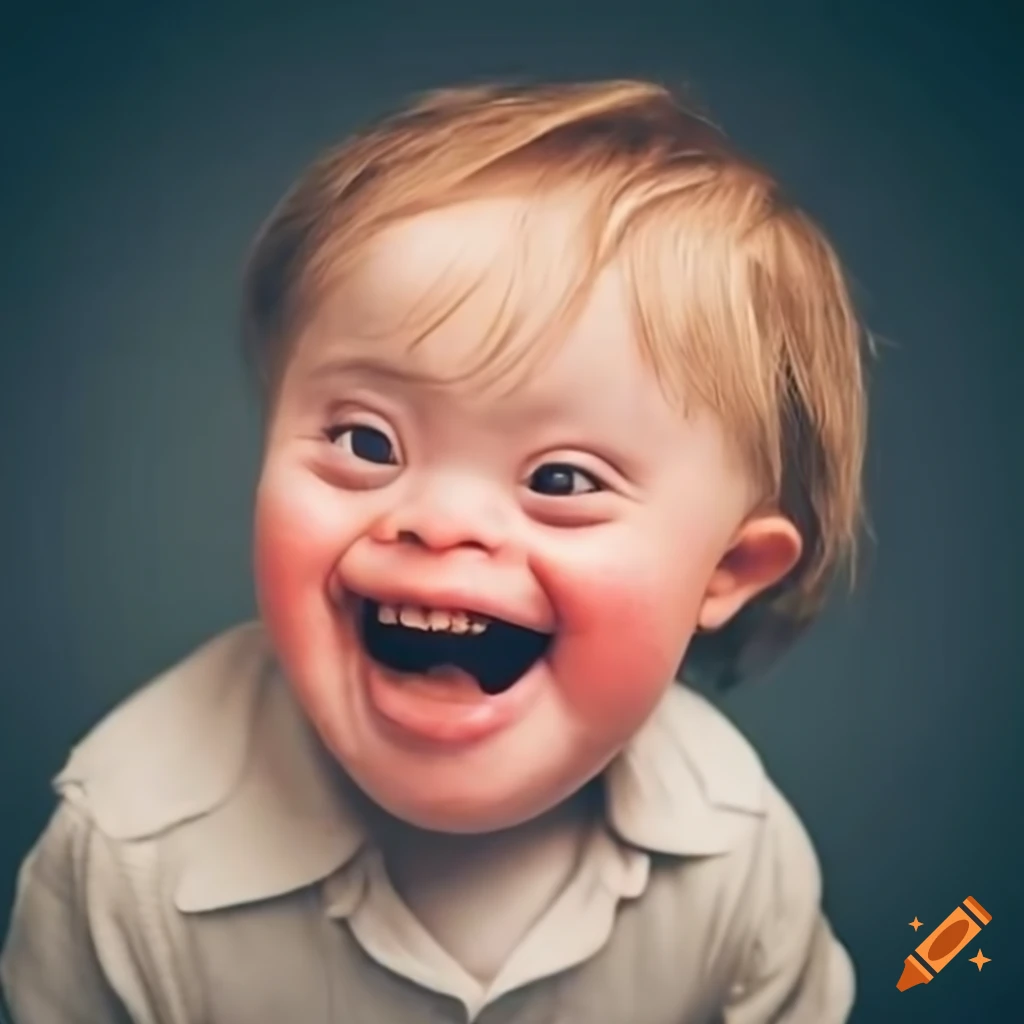 A child with down's syndrome smiles, you can see his teeth