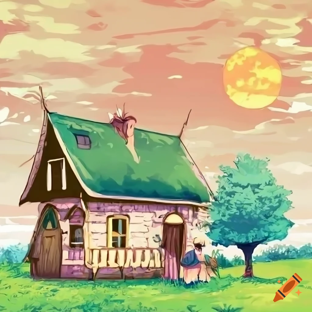Creepy cottage covered in forest overgrowth, fantasy anime