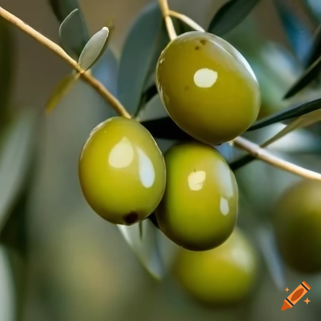 Green olives on an olive tree branch on Craiyon