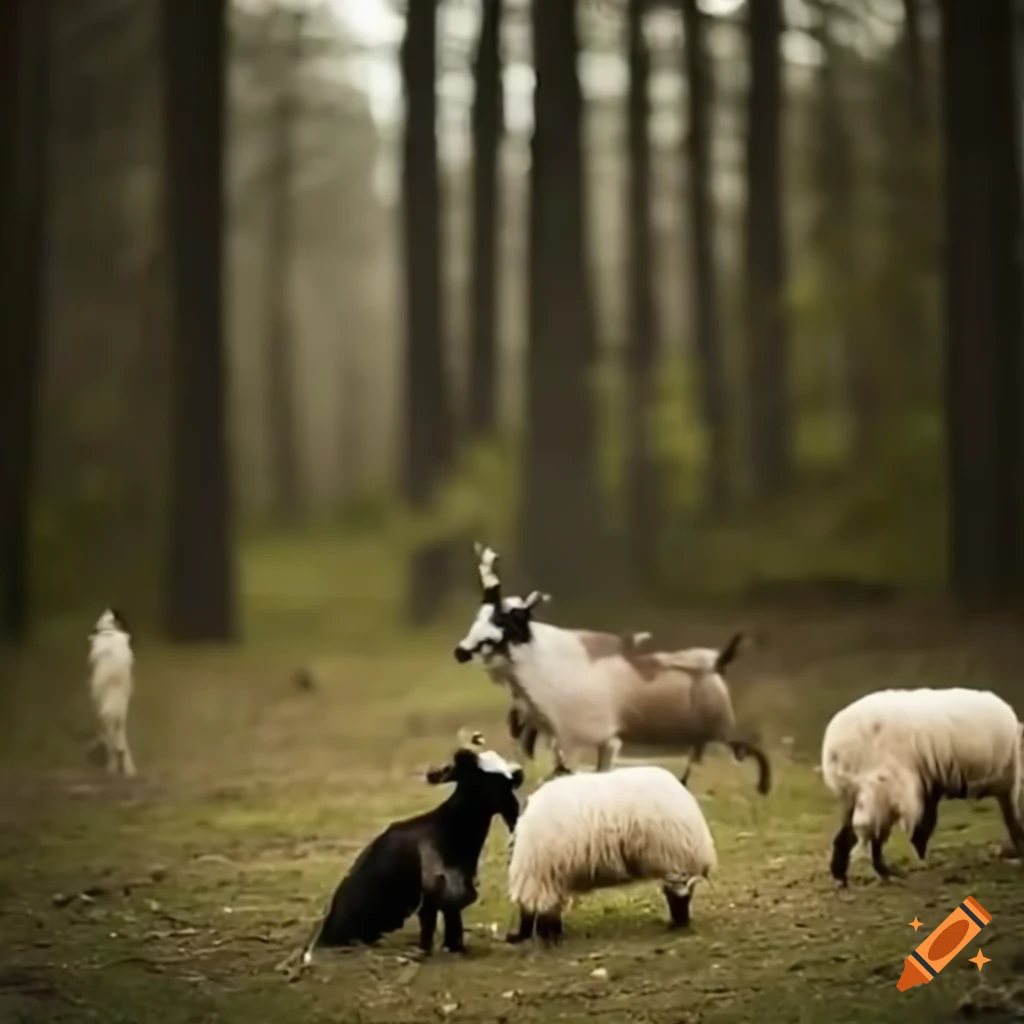 Goat In Forest Goats and sheep grazing in forest on Craiyon